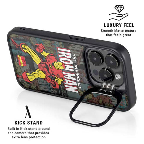 Marvel Classic Comics Iron Man Action Vintage iPhone 15 Pro Kickstand Case